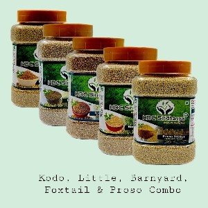 SIRIDHANYA Unpolished And Organic Millets Combo Pack Of 5 [Kodo, Foxtail, Barnyard, Little And Proso Millets, Each Millet 900Gm Packed In Jar]   (12 Months Shelf Life) Organically Grown From Andhra Pr